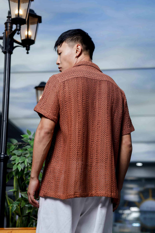 Brown Cotton Crochet Resort Shirt