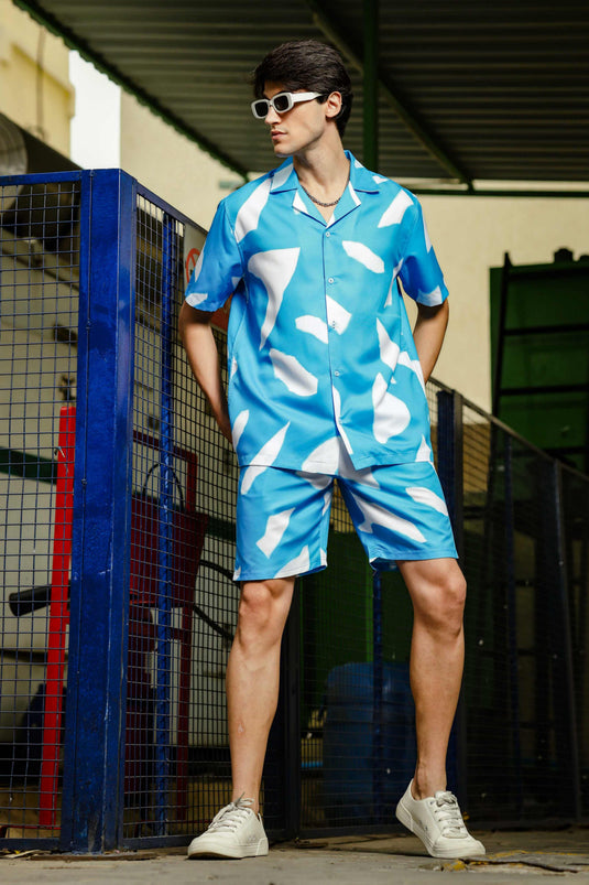 Blue Abstract Printed Short Sleeves Shirt & Shorts Coord Set