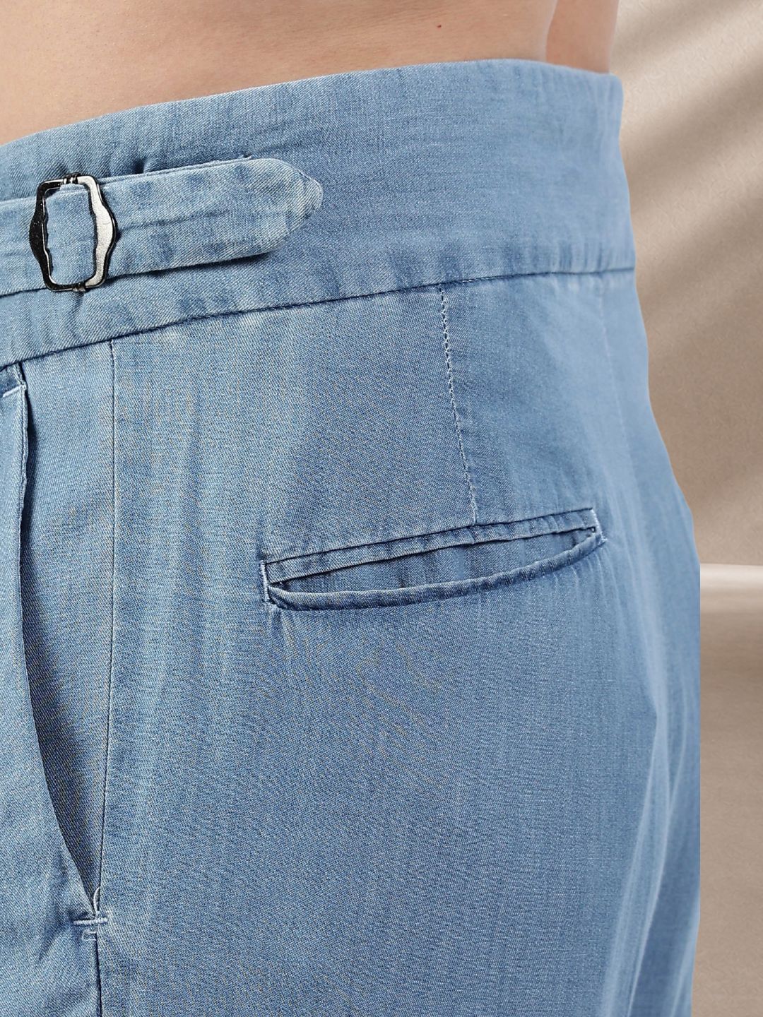 Blue Denim Baggy Fit Gurkha Trousers with Double Pleated Front